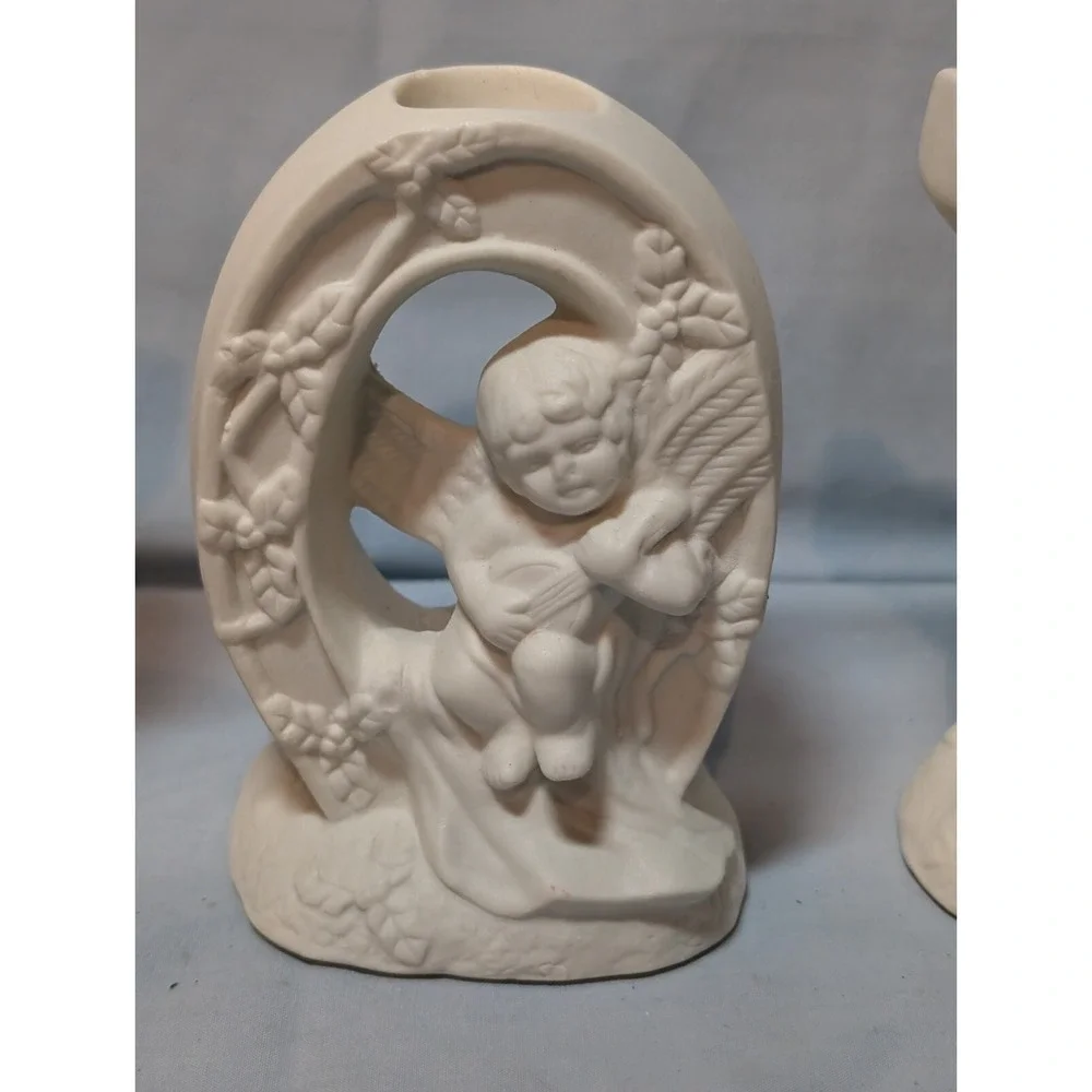 Vintage Angel Cherubs JOY Candle Stick Holders J‎ O Y 3 pc Set Ceramic White
